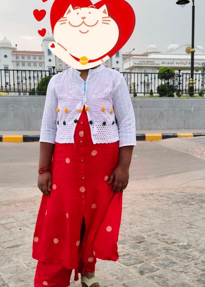 sleeveless Red Kurta Set with white coat