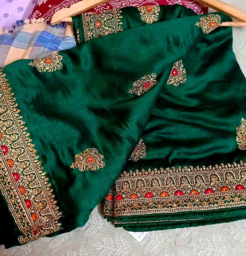 Elegant Green Embroidered Silk Saree