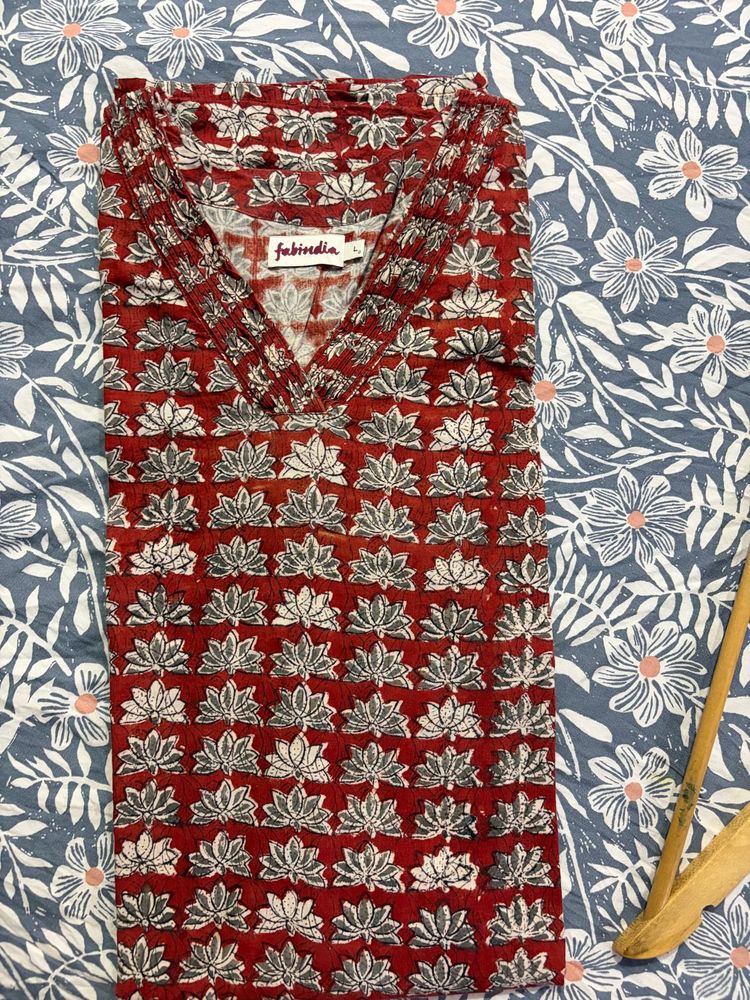 fabindia Red Lotus Print Kurta