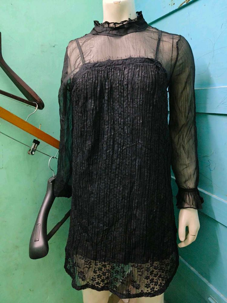 Sheer Black Lace Trim Tunic