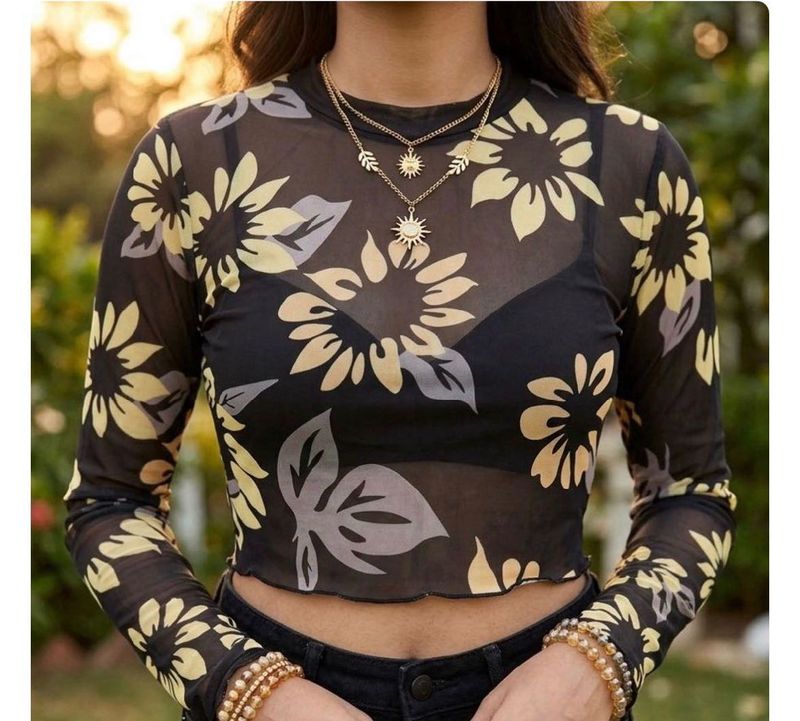 Sheer Floral Print Mesh Top