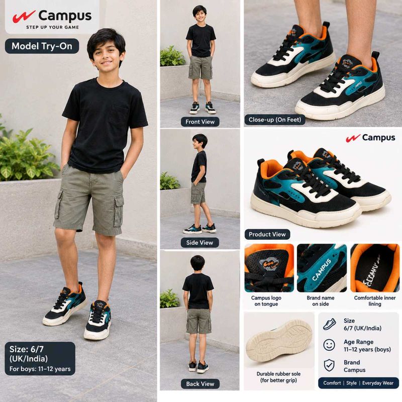 Campus Boys Black &amp; Teal Sneakers