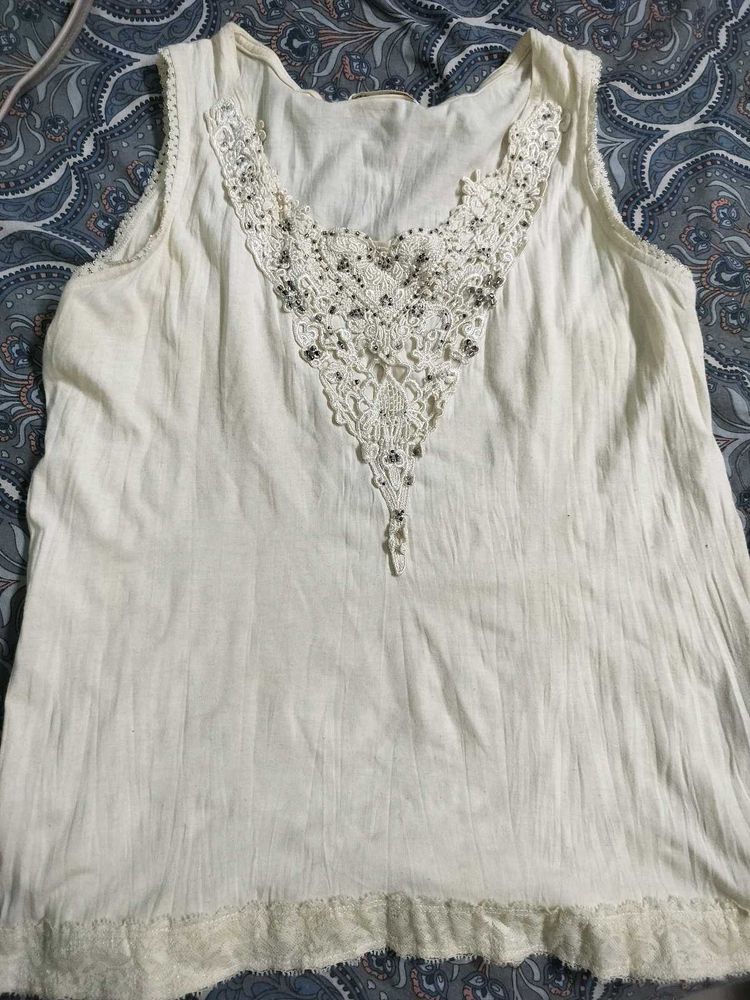 Boho Beaded Cream Top
