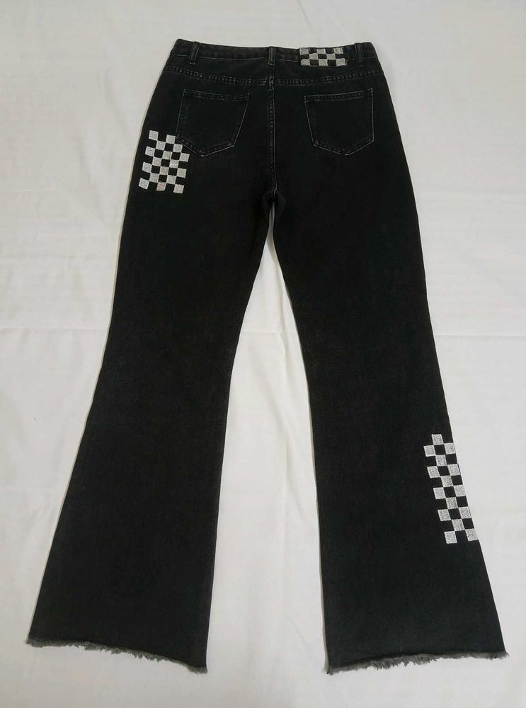 Black Checkerboard Flared Jeans