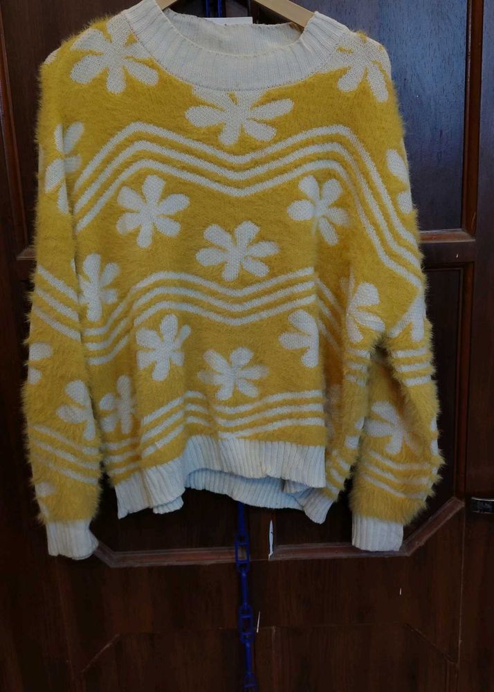 Cozy Yellow Floral Knit Sweater