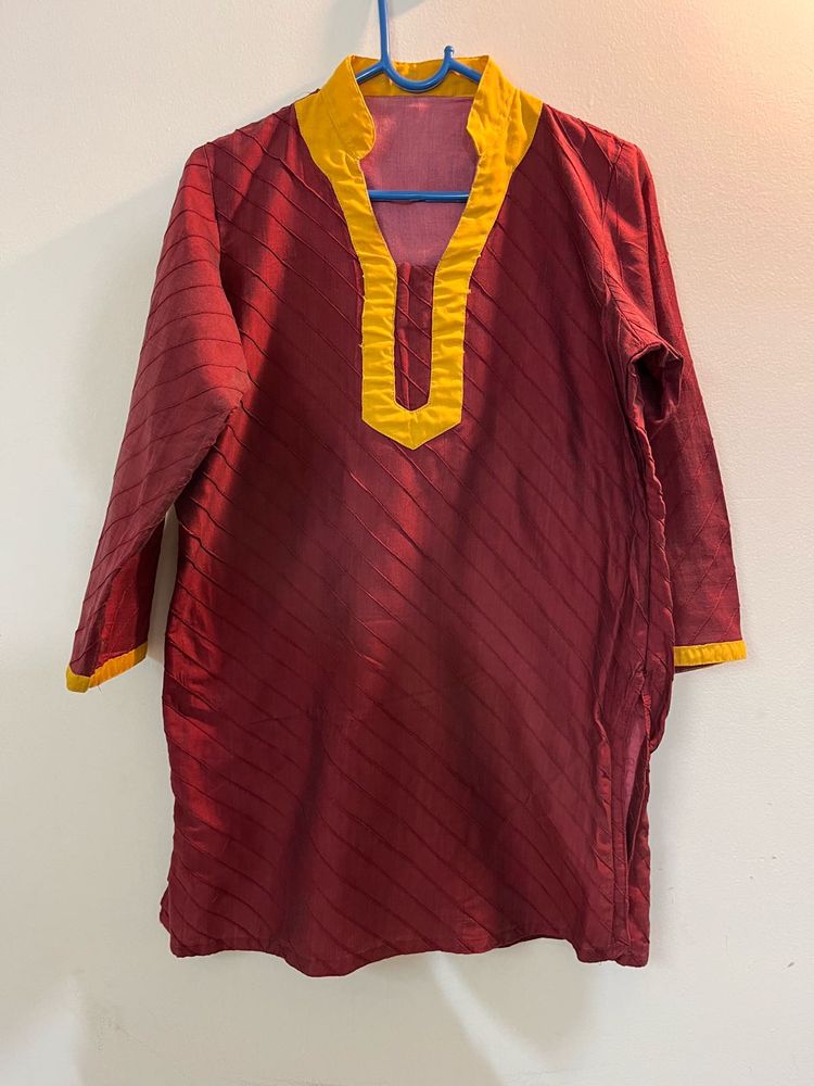 Maroon Kurta with Yellow Neckline
