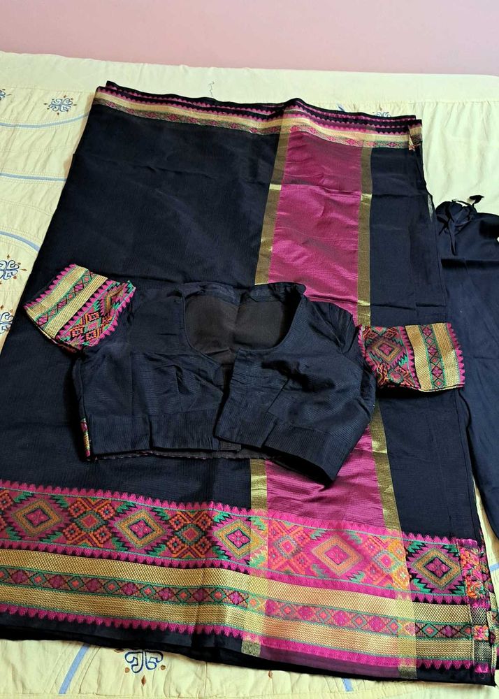 Elegant Black Saree with Pink Border