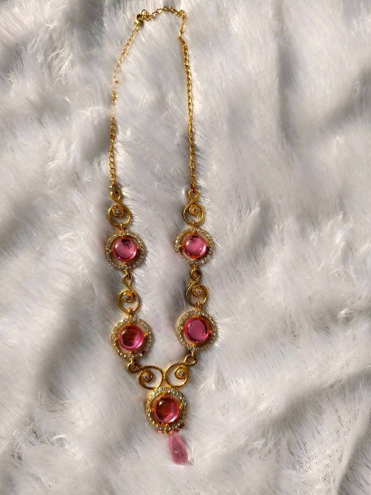 Chic Gold Plated Pink Gem Necklace