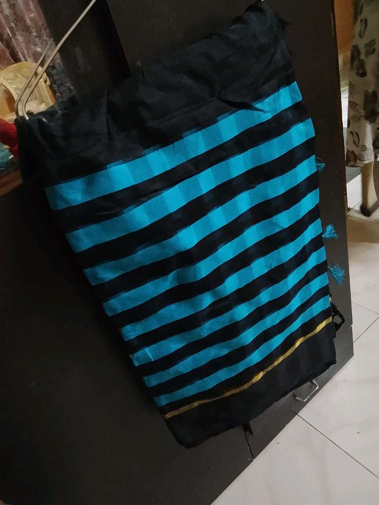 New Stylish Black &amp; Blue Striped Saree with attach