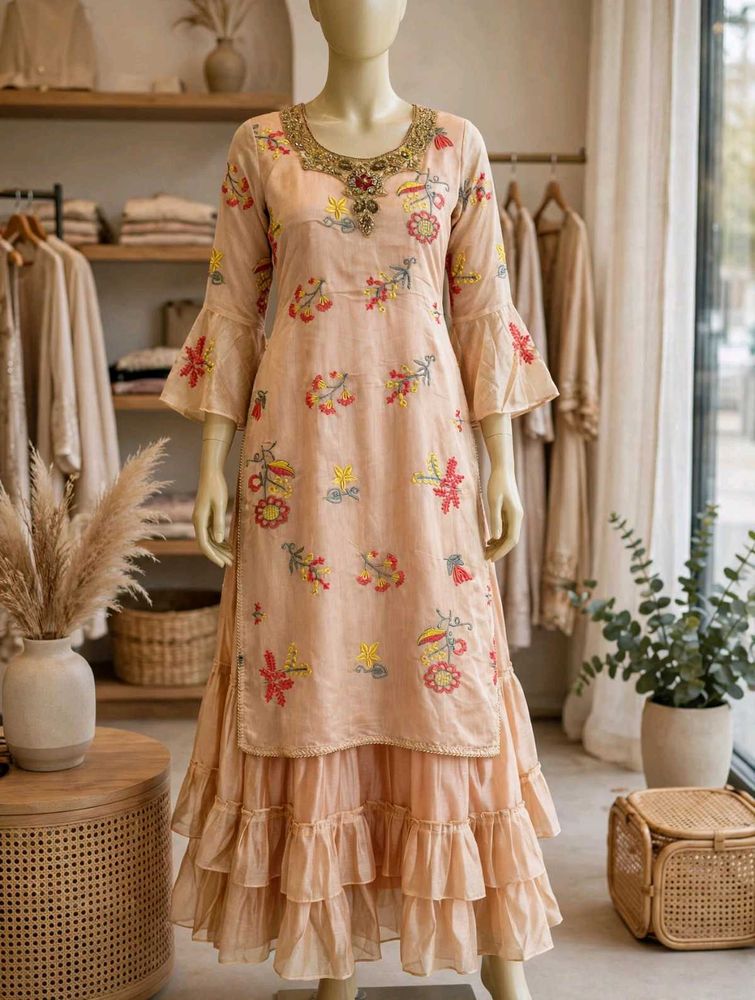 Peach Embroidered long Aline type frock