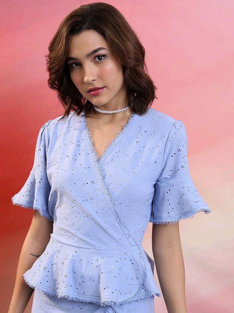 Tokyo Talkies Blue V Neck Schiffli Top