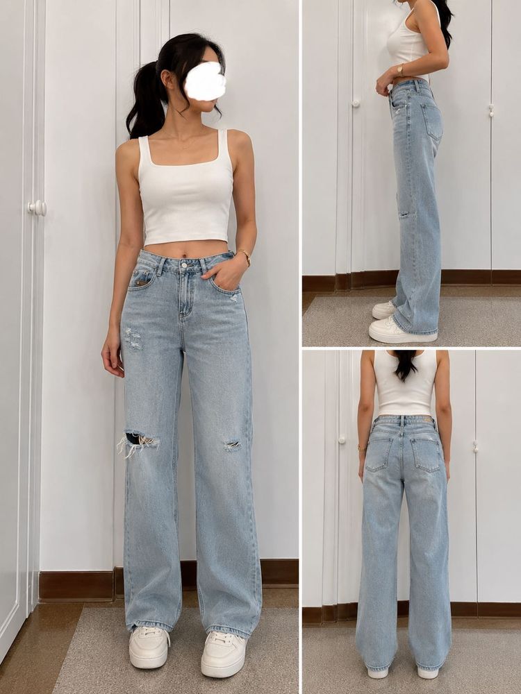 Light Wash Ripped Wide Leg Jeans