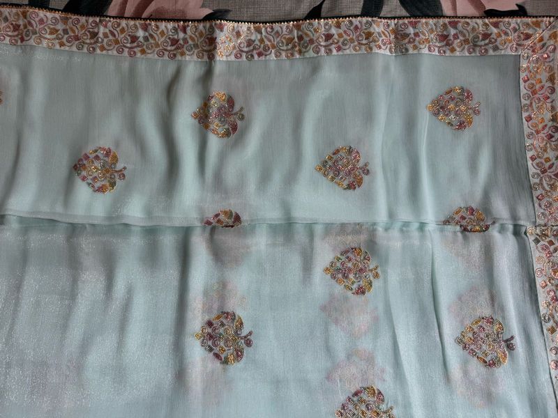 Exquisite Embellished Light Blue Saree