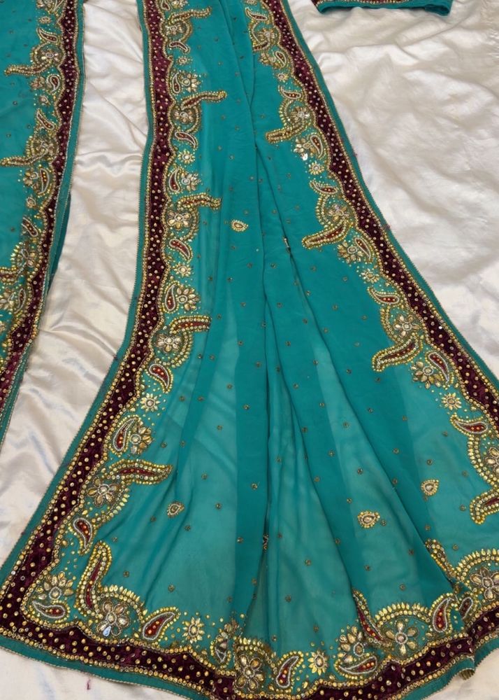 Embellished Teal Saree with blouse