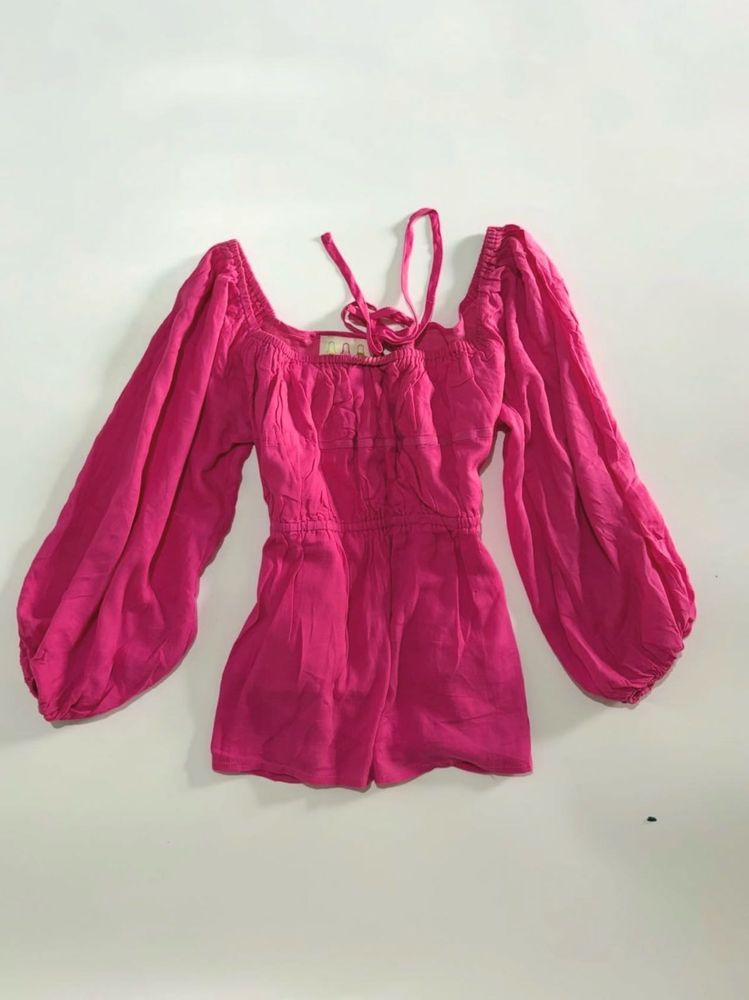 Vibrant Pink Square Neck Balloon Sleeve Top