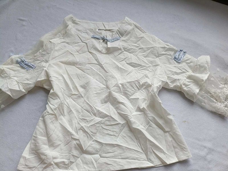 White Ethnic Blouse with Lace Sleeves