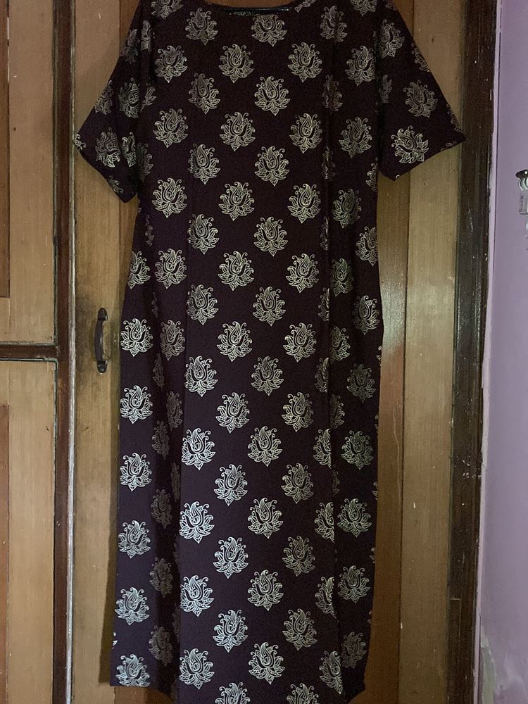 Golden Buti Print Kurti With Round Neck