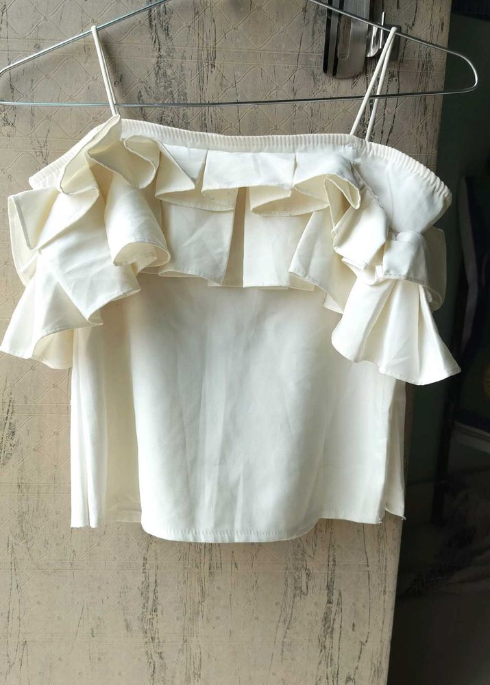 White Ruffle Off Shoulder Top | Poly Crepe | Party
