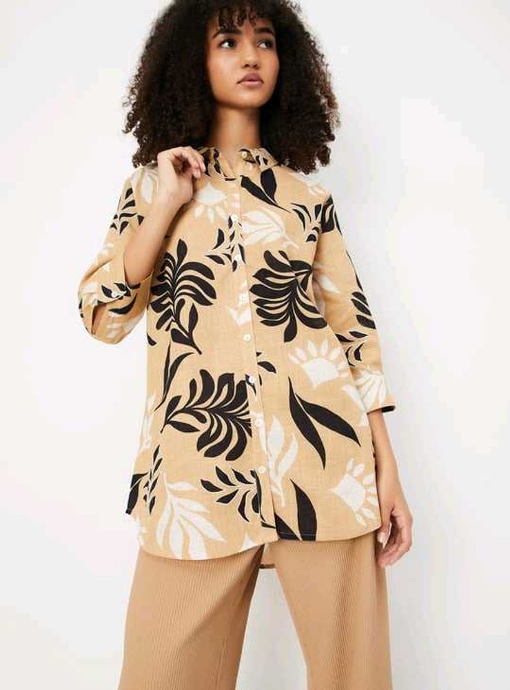 Beige Floral Print Button-Up Tunic