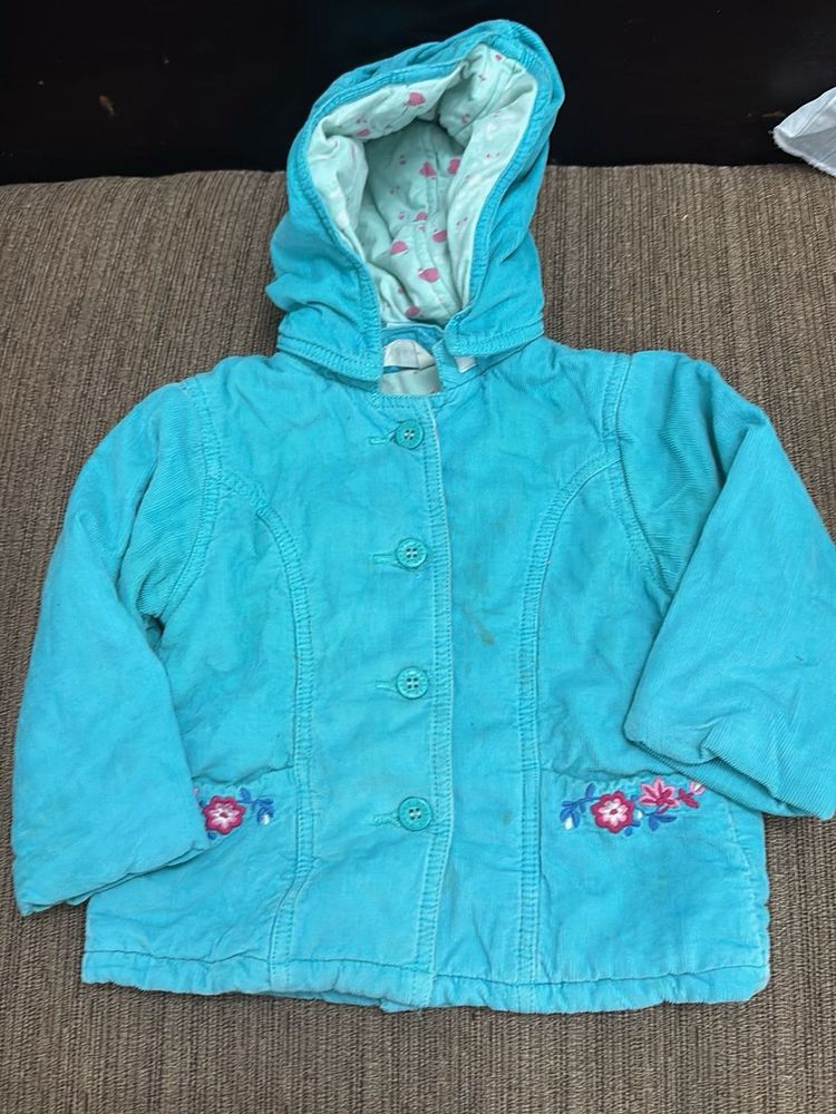 Cute Blue Hooded Jacket with Floral Embroidery