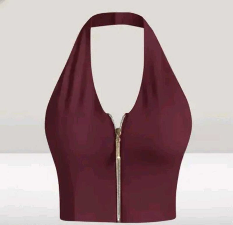 Maroon Halter Neck Zip Crop Top