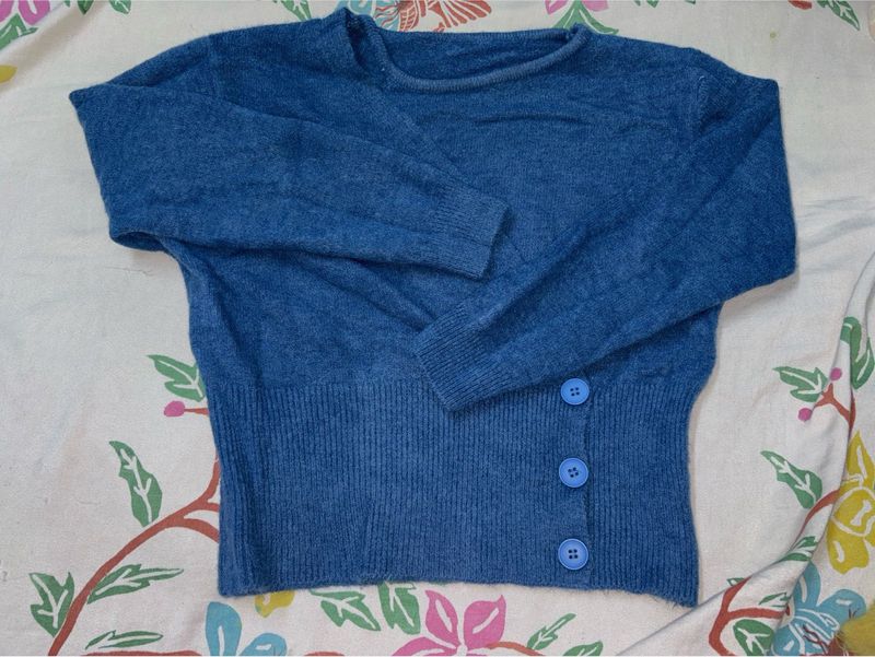 Blue Knit Sweater with Button Detail