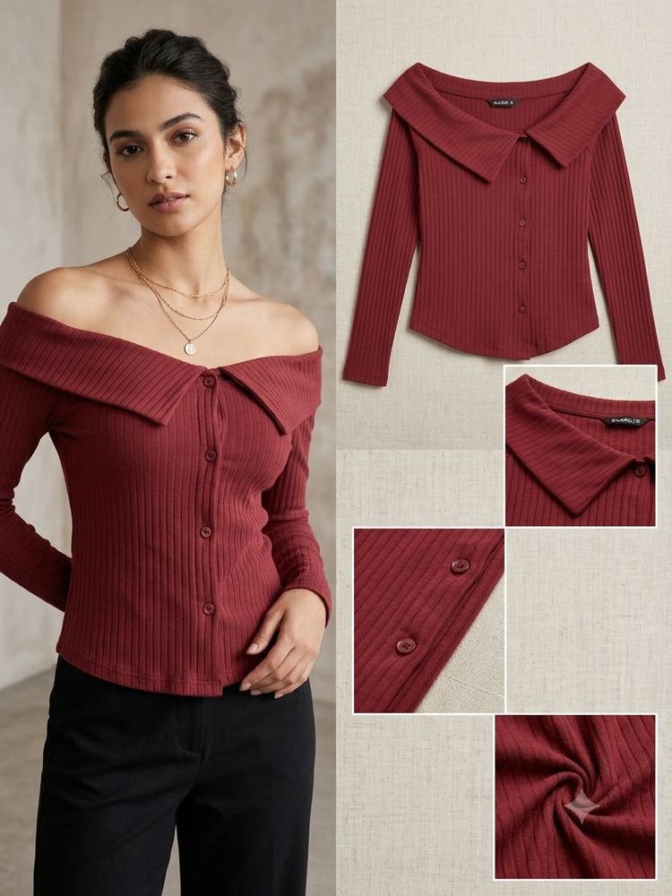 Off-Shoulder Ribbed Top with Collar