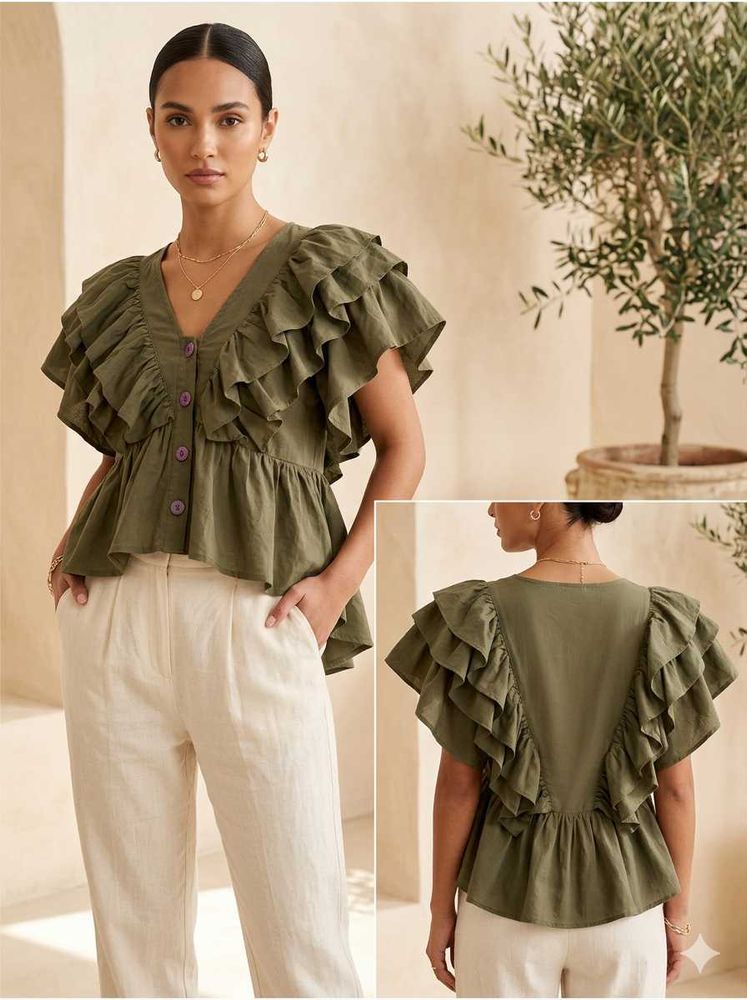 Chic Ruffle Olive Green Top