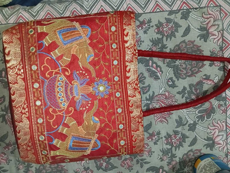 Embroidered Elephant Red Clutch