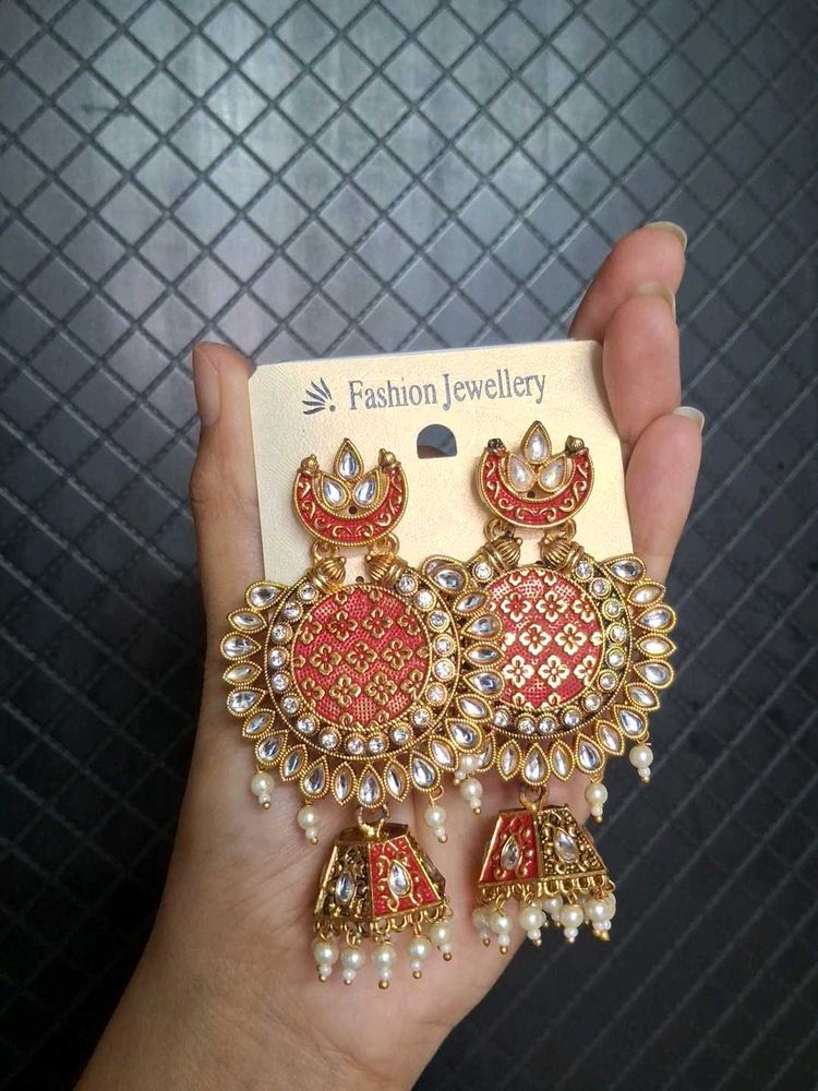 Red &amp; Gold Jhumka Earrings