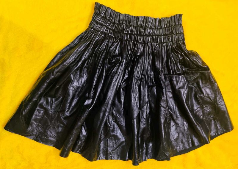 Black Faux Leather Gathered Skirt