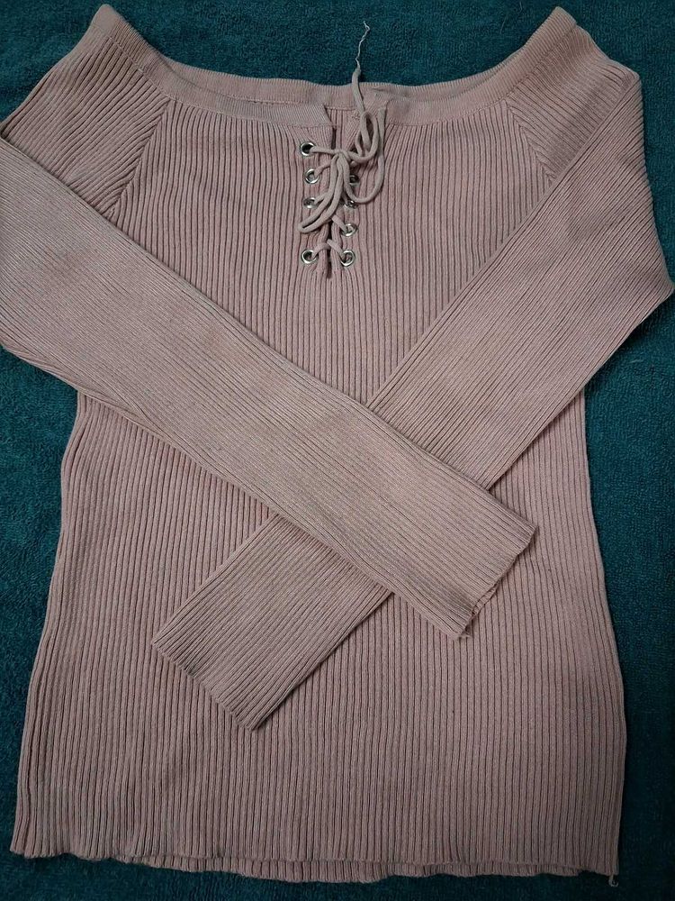 Ribbed Knit Lace-Up Long Sleeve Top