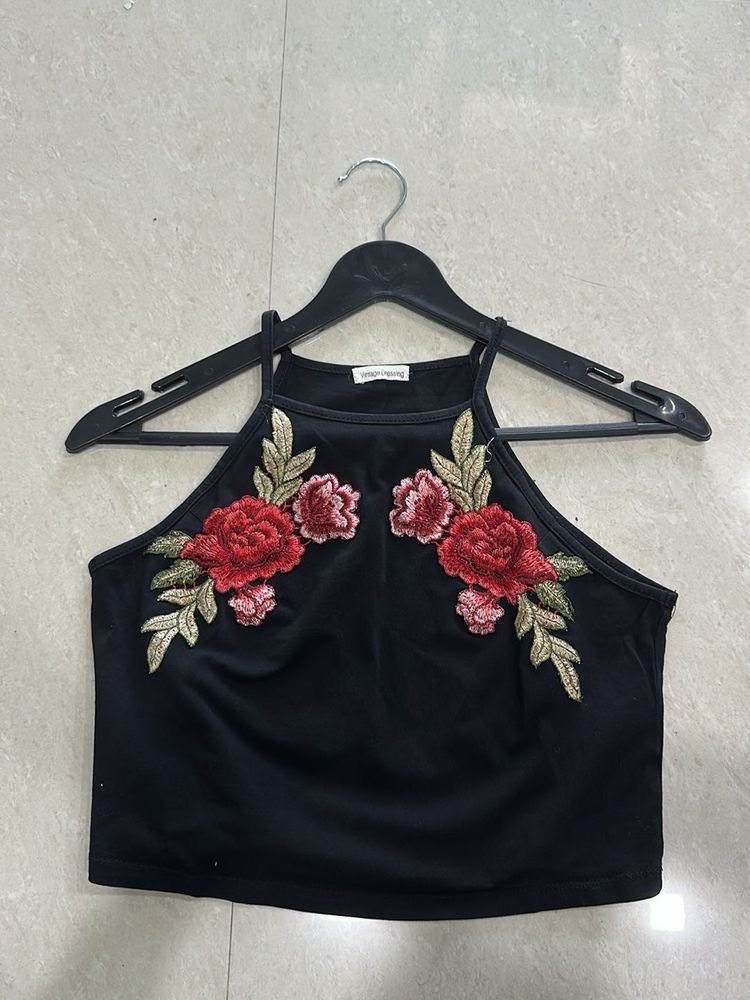 Black floral embroidered halter top