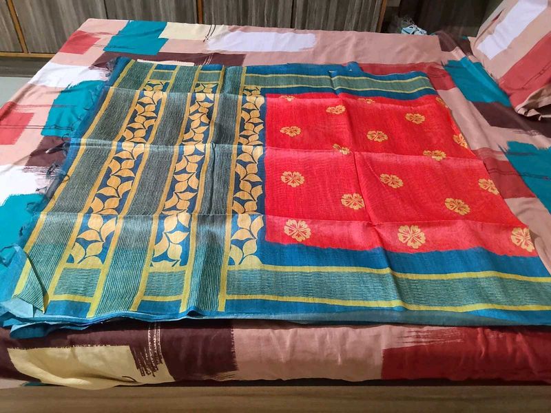 tomato red+ rama colour cotton blend sari with blo