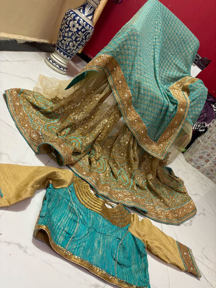 designer saree with worked blues