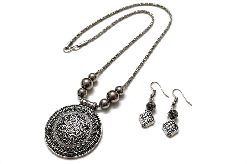 Boho Silver-Tone Pendant Necklace &amp; Earrings Set