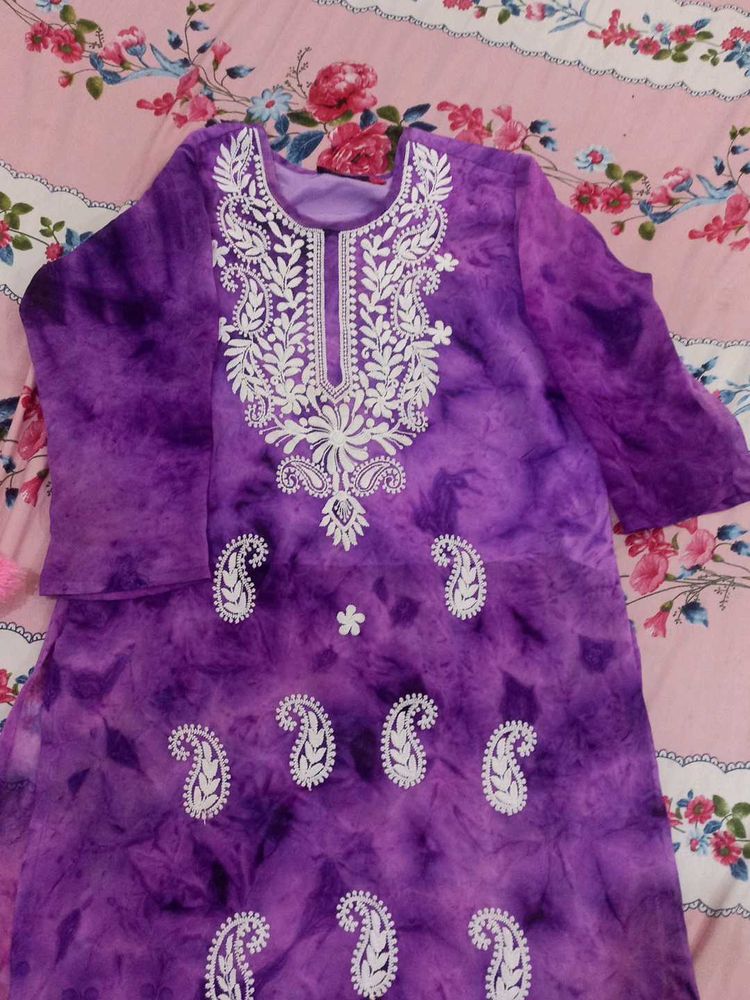 Purple Tie-Dye Kurta with White Embroidery
