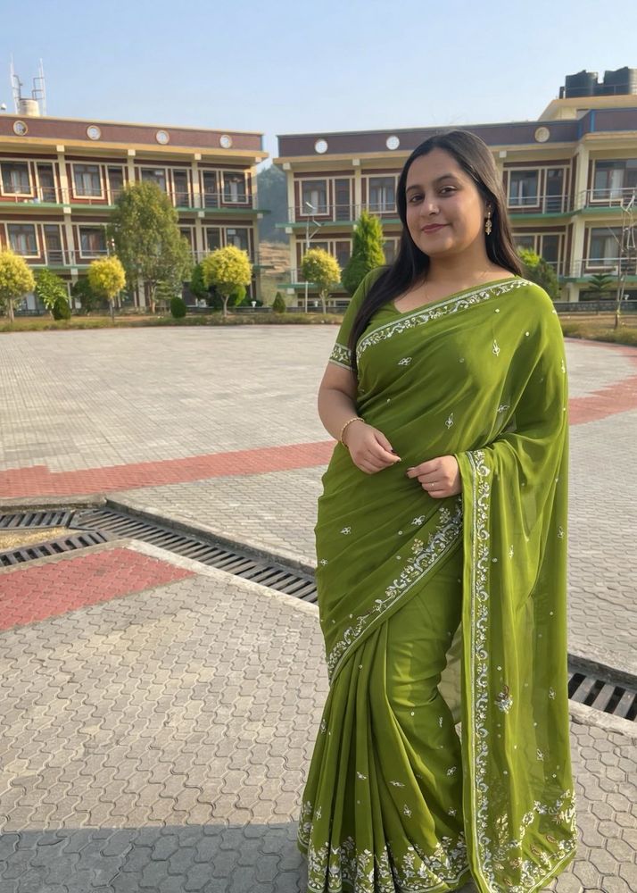 Elegant Olive Green Embroidered Saree