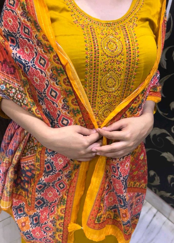 Embellished Yellow Kurta Set with Printed Dupatta