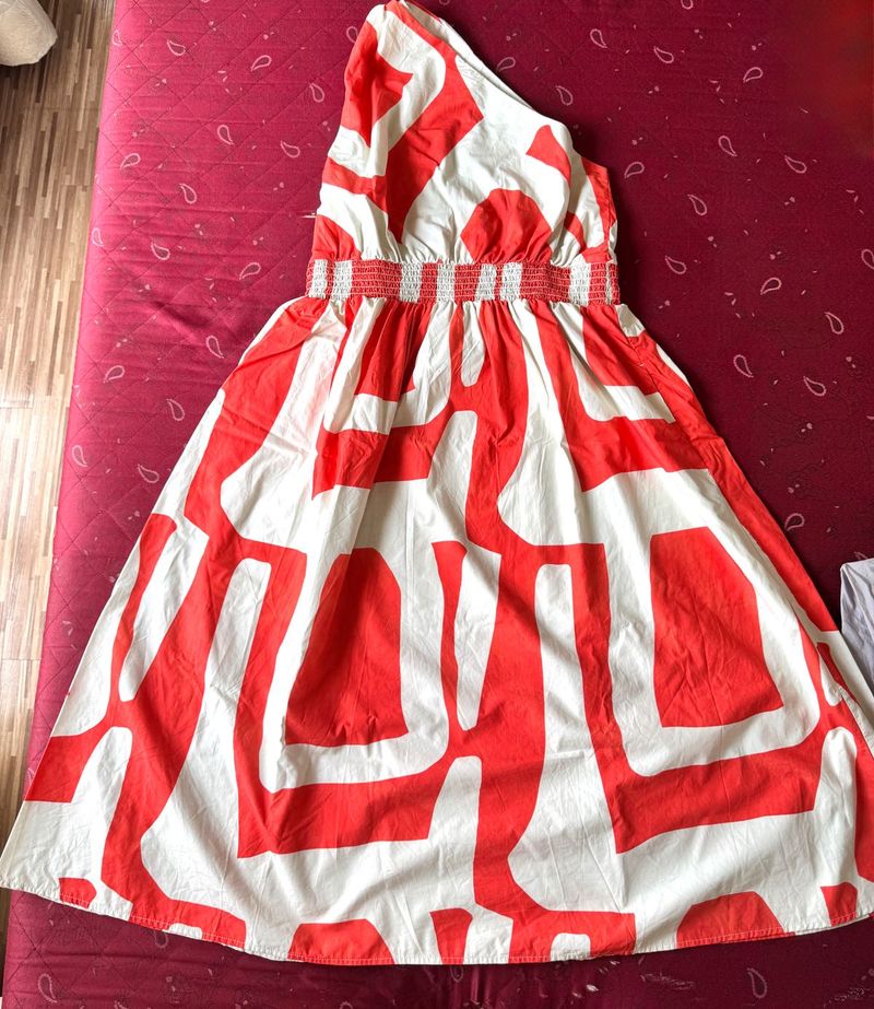 One Shoulder Orange &amp; White Print Dress