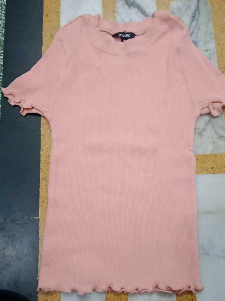 Cute Pink Ribbed Lettuce Hem Top