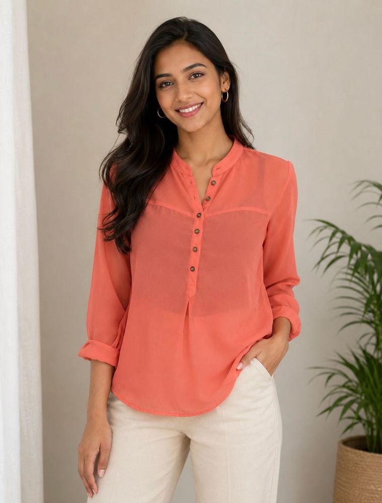 Sheer Coral Button-Up Tunic Top