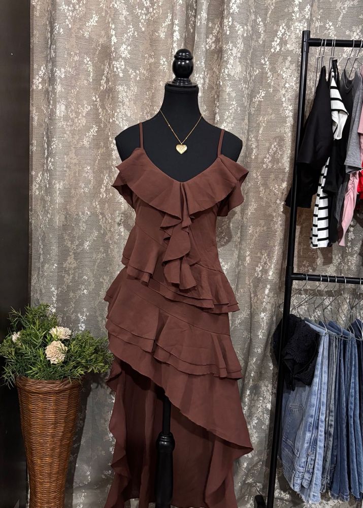 Brown Ruffled High-Low Dress