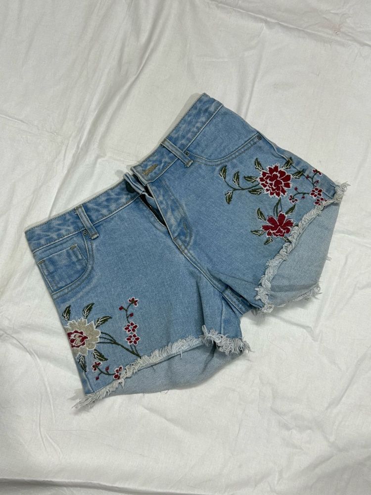 Embroidered Denim Shorts