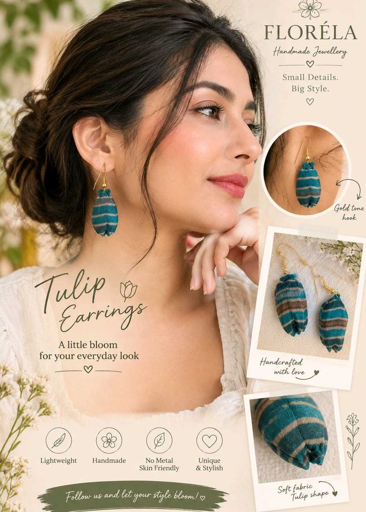 Tulip Fabric Earrings - Teal &amp; Brown