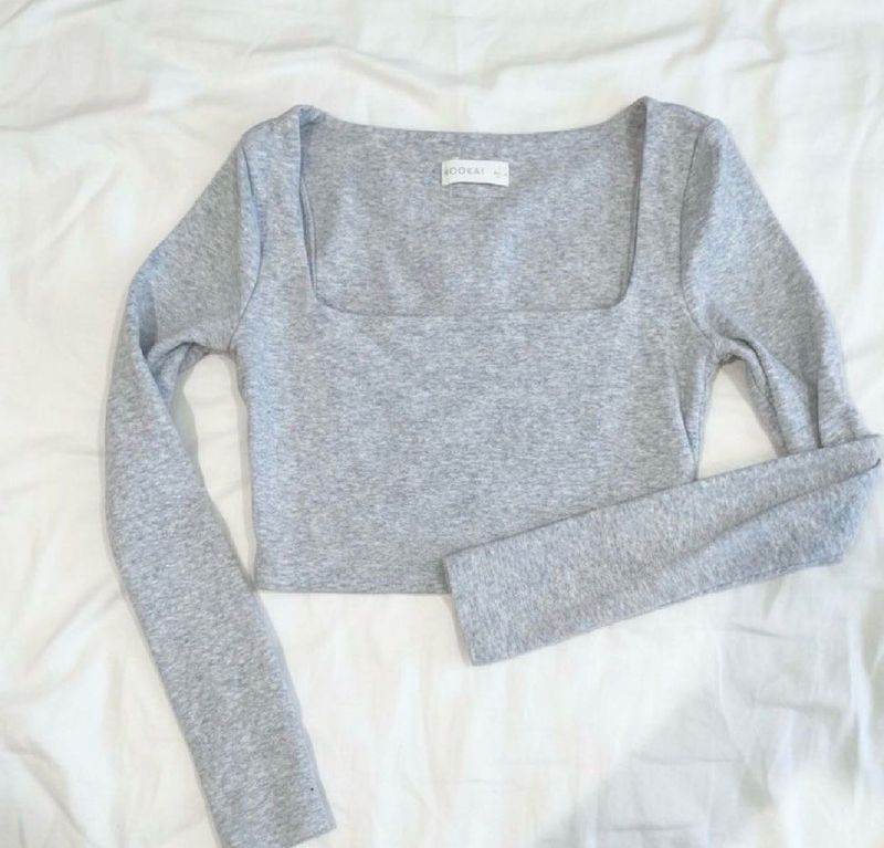 Kookai Grey Square Neck Long Sleeve Crop Top