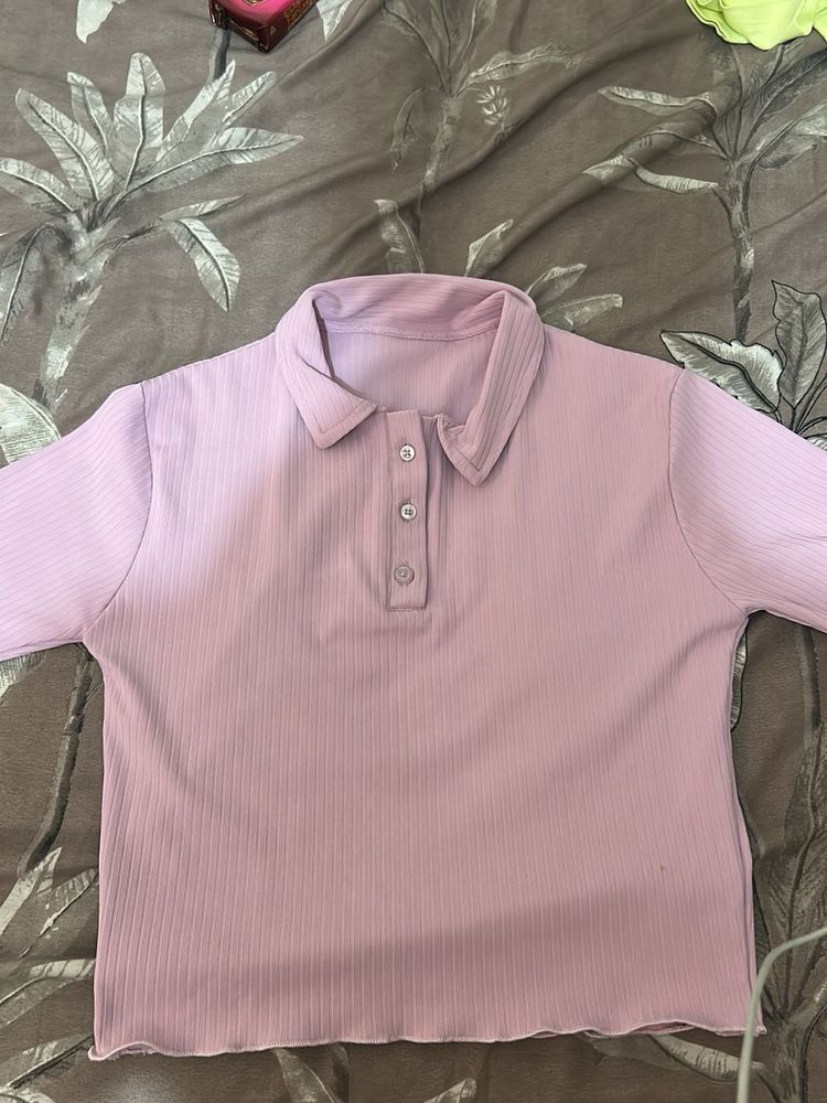 Cute Pink Ribbed Polo Top