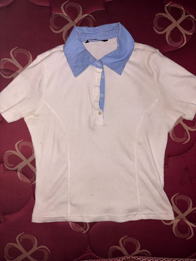 White Ribbed Polo T-Shirt with Blue Stripe Collar