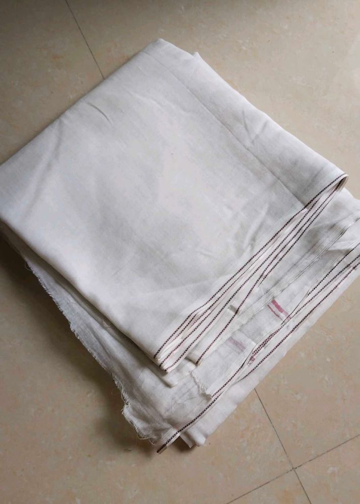 New White Cotton Dhoti with Maroon Border – Unused