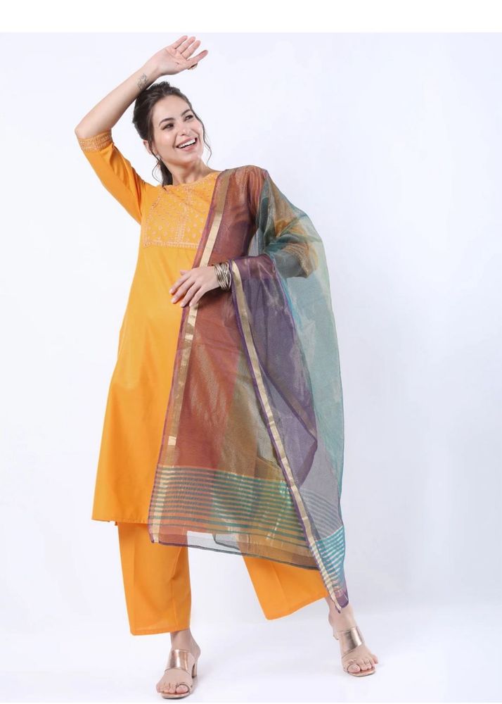 Bright Yellow Kurta Set with Translucent Dupatta